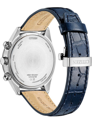 Angle shot of Citizen Radiocontrolled Chronograph AT8260-18A White Dial Black Leather Unisex Watch on white background