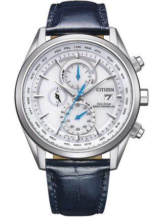 Front view of Citizen Chronograph AT8260-18A White Dial Black Leather Unisex Watch on white background