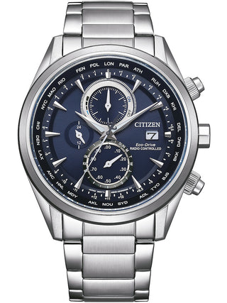 Front view of Citizen Chronograph AT8260-85L Blue Dial Silver Stainless Steel Unisex Watch on white background