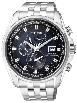 Front view of Citizen Eco-Drive Chronograph AT9030-55L Blue Dial Grey Stainless Steel Mens Watch on white background