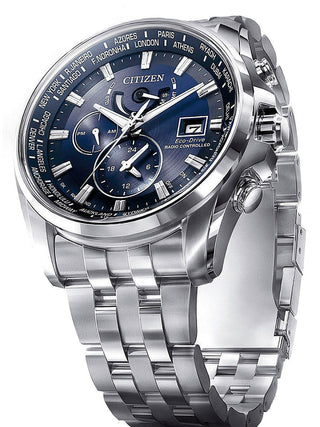 Angle shot of Citizen AT9030-55L Blue Dial Silver Stainless Steel Unisex Watch on white background
