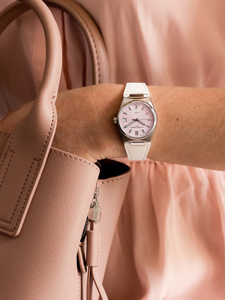 Angle shot of Frederique Constant FC-303LP2NH6B Pink Dial Silver Stainless Steel Womens Watch on white background