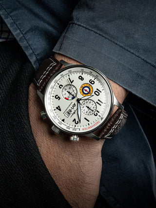 Angle shot of Avi-8 Chronograph AV-4011-01 White Dial Brown Leather Unisex Watch on white background