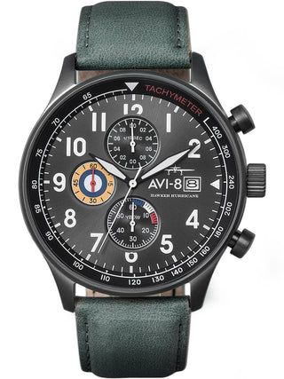 Front view of Avi-8 Chronograph AV-4011-0D Grey Dial Green Leather Unisex Watch on white background