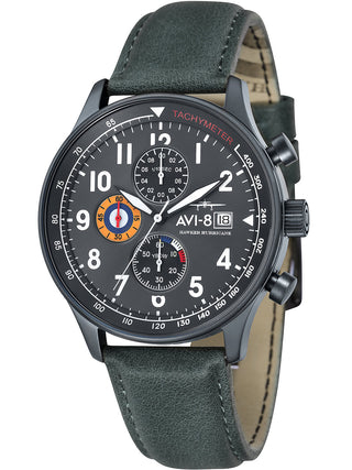 Angle shot of Avi-8 Chronograph AV-4011-0D Grey Dial Green Leather Unisex Watch on white background