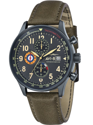 Angle shot of Avi-8 Chronograph AV-4011-0E Grey Dial Brown Leather Unisex Watch on white background