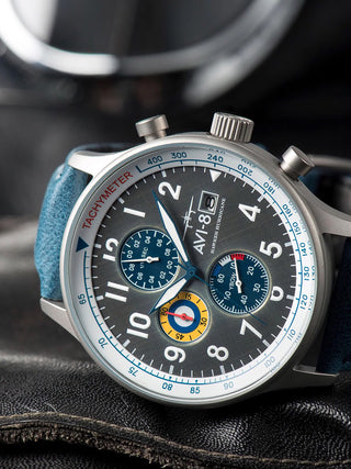 Angle shot of Avi-8 Chronograph AV-4011-0F Grey Dial Blue Leather Unisex Watch on white background