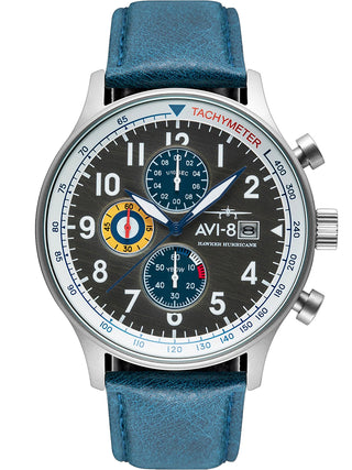 Front view of Avi-8 Chronograph AV-4011-0F Grey Dial Blue Leather Unisex Watch on white background