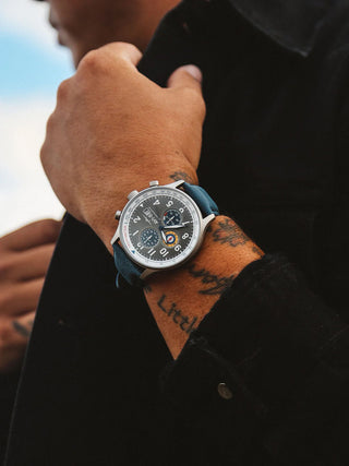 Angle shot of Avi-8 Chronograph AV-4011-0F Grey Dial Blue Leather Unisex Watch on white background