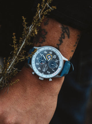 Angle shot of Avi-8 Chronograph AV-4011-0F Grey Dial Blue Leather Unisex Watch on white background