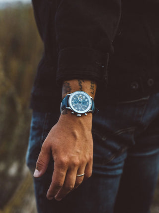 Angle shot of Avi-8 Chronograph AV-4011-0F Grey Dial Blue Leather Unisex Watch on white background