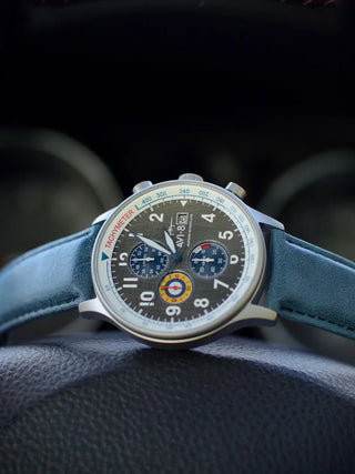 Angle shot of Avi-8 Chronograph AV-4011-0F Grey Dial Blue Leather Unisex Watch on white background