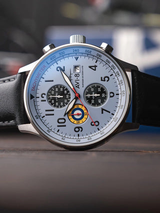 Angle shot of Avi-8 Chronograph AV-4011-0V Blue Dial Black Leather Unisex Watch on white background