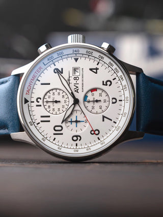 Angle shot of Avi-8 Chronograph AV-4011-0X White Dial Blue Leather Unisex Watch on white background