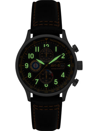 Angle shot of Avi-8 Chronograph AV-4011-0Y Black Leather Unisex Watch on white background