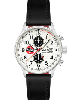 Front view of Avi-8 Chronograph AV-4011-1C White Dial Black Leather Unisex Watch on white background