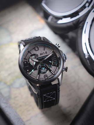 Angle shot of Avi-8 Chronograph AV-4056-08 Grey Dial Black Leather Unisex Watch on white background