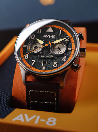 Angle shot of Avi-8 AV-4088-07 Black Dial Brown Leather Unisex Watch on white background