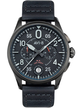 Front view of Avi-8 Chronograph AV-4089-03 Black Leather Unisex Watch on white background