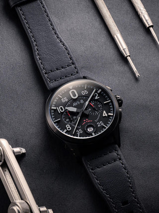 Angle shot of Avi-8 Chronograph AV-4089-03 Black Leather Unisex Watch on white background