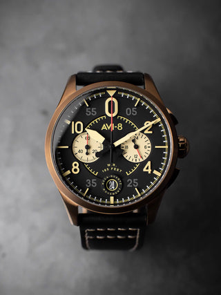 Angle shot of Avi-8 Chronograph AV-4089-07 Black Leather Unisex Watch on white background