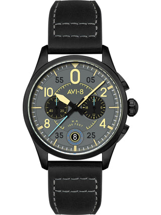 Front view of Avi-8 Chronograph AV-4089-08 Grey Dial Black Leather Unisex Watch on white background