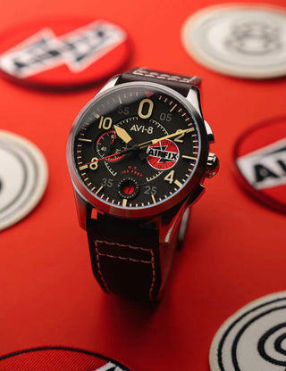 Angle shot of Avi-8 Chronograph AV-4089-09 Black Dial Brown Leather Unisex Watch on white background