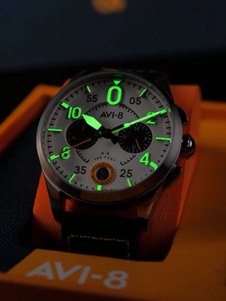 Angle shot of Avi-8 Chronograph AV-4089-0B Black Leather Unisex Watch on white background