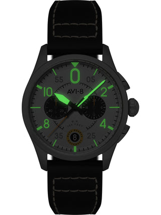 Angle shot of Avi-8 Chronograph AV-4089-0B Black Leather Unisex Watch on white background