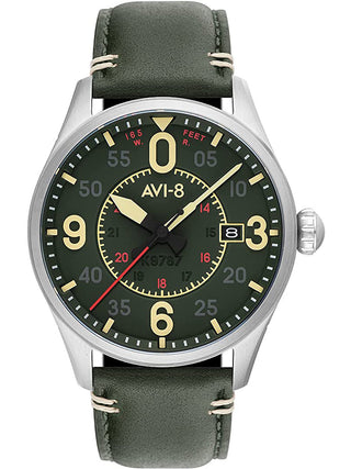 Front view of Avi-8 AV-4090-03 Green Leather Unisex Watch on white background