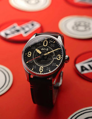 Angle shot of Avi-8 AV-4090-08 Black Dial Brown Leather Unisex Watch on white background