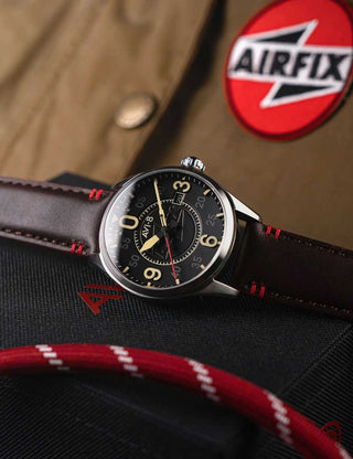 Angle shot of Avi-8 AV-4090-08 Black Dial Brown Leather Unisex Watch on white background