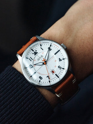 Angle shot of Avi-8 AV-4094-01 White Dial Brown Leather Unisex Watch on white background