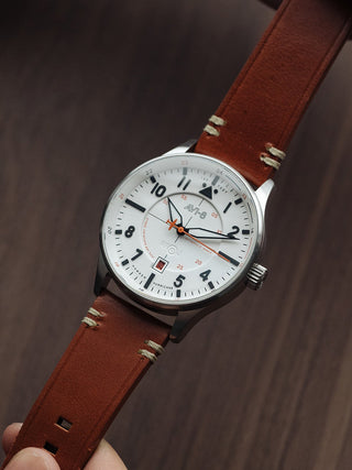 Angle shot of Avi-8 AV-4094-01 White Dial Brown Leather Unisex Watch on white background