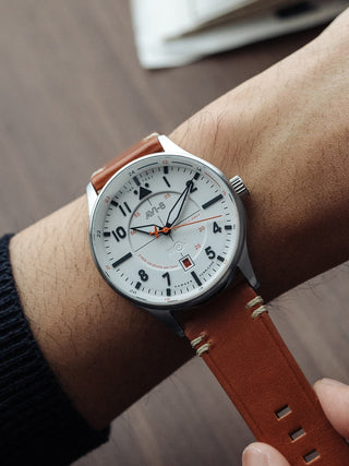 Angle shot of Avi-8 AV-4094-01 White Dial Brown Leather Unisex Watch on white background