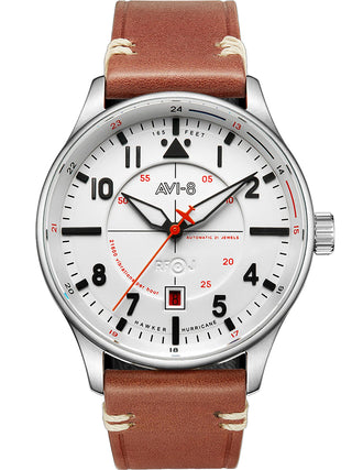 Front view of Avi-8 AV-4094-01 White Dial Brown Leather Unisex Watch on white background