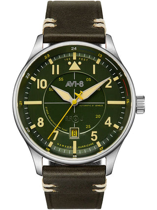 Front view of Avi-8 AV-4094-03 Green Leather Unisex Watch on white background