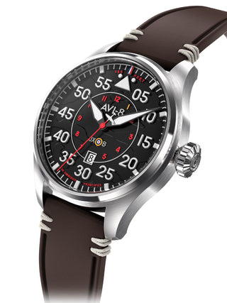 Angle shot of Avi-8 AV-4097-01 Black Dial Brown Leather Unisex Watch on white background