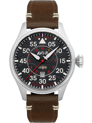 Front view of Avi-8 AV-4097-01 Black Dial Brown Leather Unisex Watch on white background