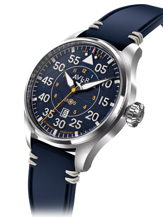 Angle shot of Avi-8 AV-4097-02 Blue Leather Unisex Watch on white background