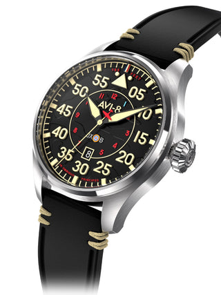 Angle shot of Avi-8 AV-4097-03 Black Leather Unisex Watch on white background