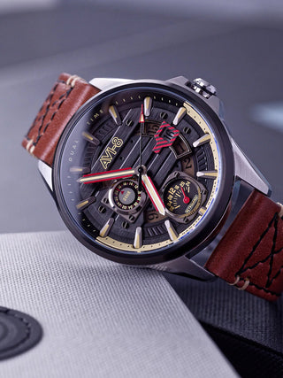 Angle shot of Avi-8 AV-4098-02 Black Dial Brown Leather Unisex Watch on white background