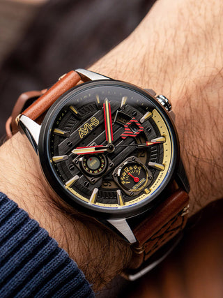 Angle shot of Avi-8 AV-4098-02 Black Dial Brown Leather Unisex Watch on white background