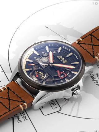 Angle shot of Avi-8 AV-4098-02 Black Dial Brown Leather Unisex Watch on white background