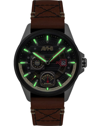 Angle shot of Avi-8 AV-4098-02 Black Dial Brown Leather Unisex Watch on white background