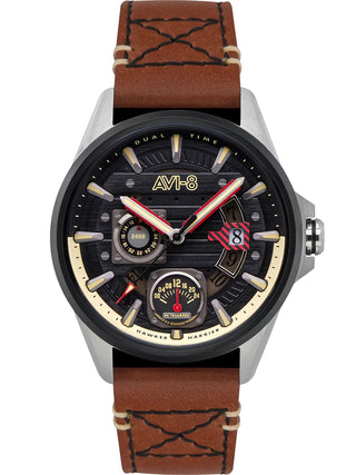 Front view of Avi-8 AV-4098-02 Black Dial Brown Leather Unisex Watch on white background