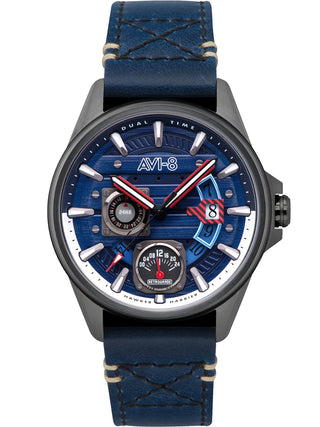 Front view of Avi-8 AV-4098-03 Blue Leather Unisex Watch on white background