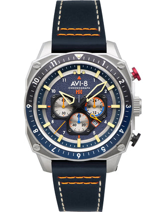 Front view of Avi-8 Chronograph AV-4100-02 Black Leather Unisex Watch on white background