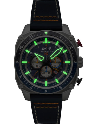 Angle shot of Avi-8 Chronograph AV-4100-02 Black Leather Unisex Watch on white background