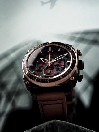 Angle shot of Avi-8 Chronograph AV-4100-09 Black Dial Brown Leather Unisex Watch on white background